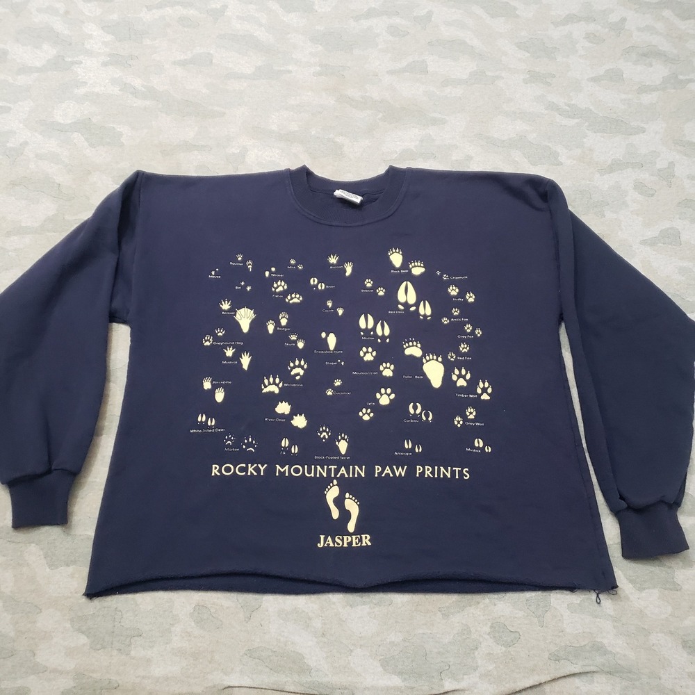 Vintage Cityscape Sweatshirt Women Medium Blue Cropped Rocky Mountain Paw Prints